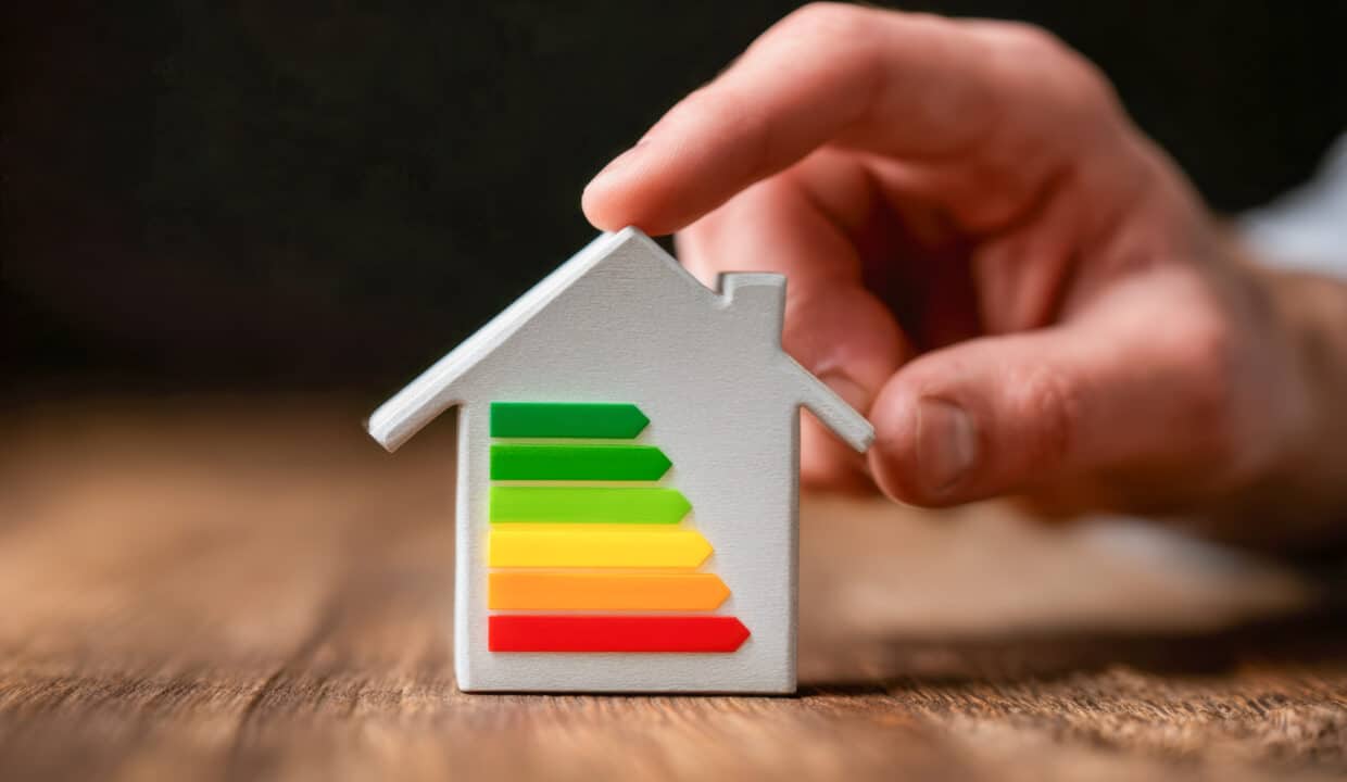 Main posant une maquette de maison blanche portant l'échelle colorée des étiquettes énergie du DPE