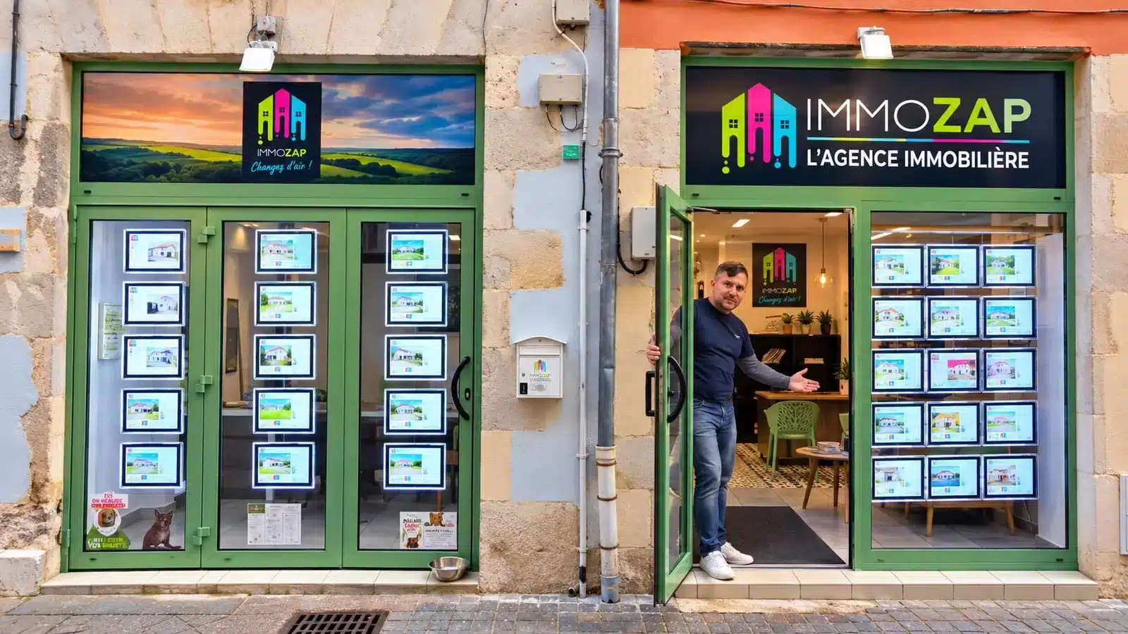 Façade de l'agence immobilière IMMOZAP, 7 rue de Metz à Saint-Pourçain-sur-Sioule : vitrines d'annonces et Stéphane Guillot qui accueille à la porte