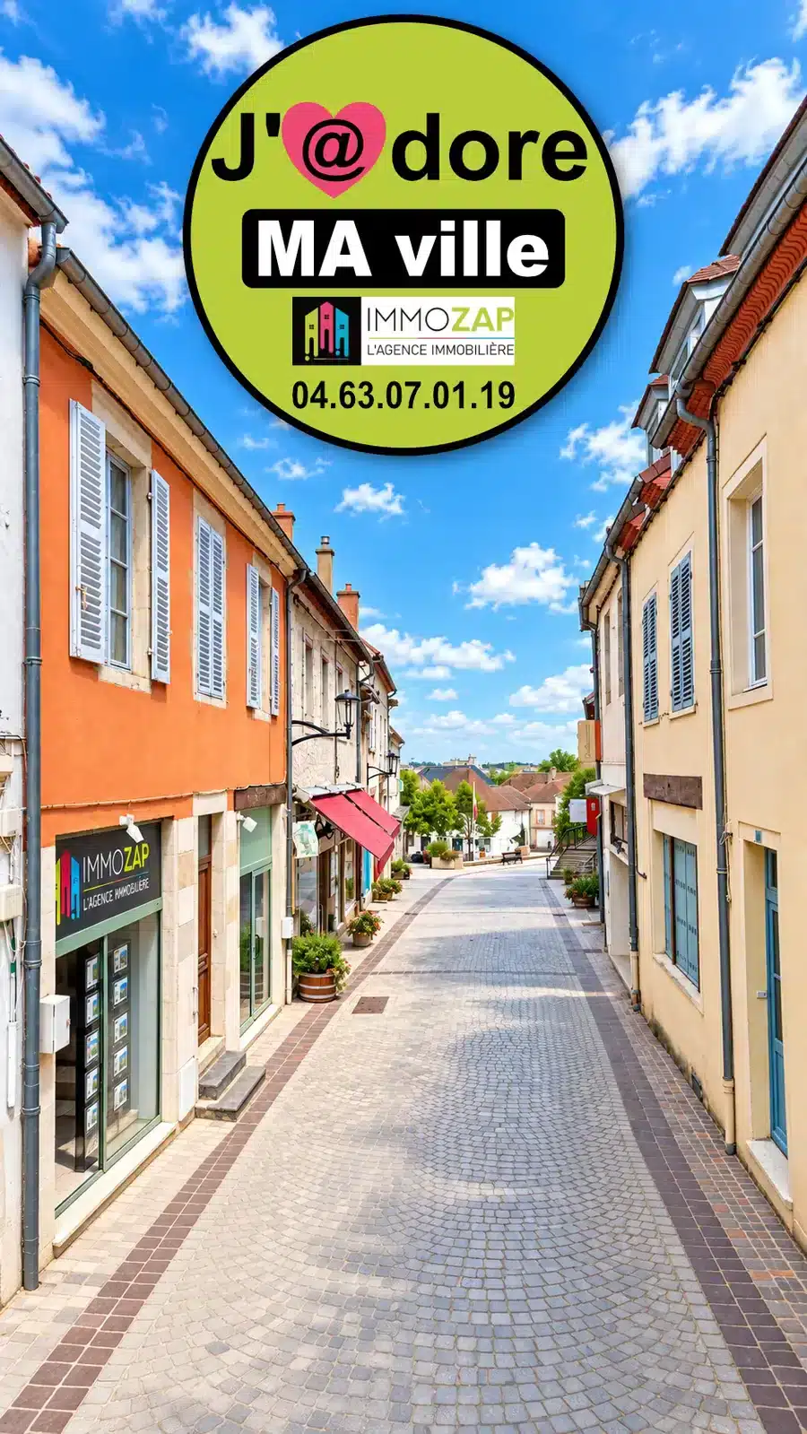 Visuel J'@dore ma ville : rue piétonne de Saint-Pourçain-sur-Sioule avec la vitrine IMMOZAP, l'agence immobilière, 04 63 07 01 19